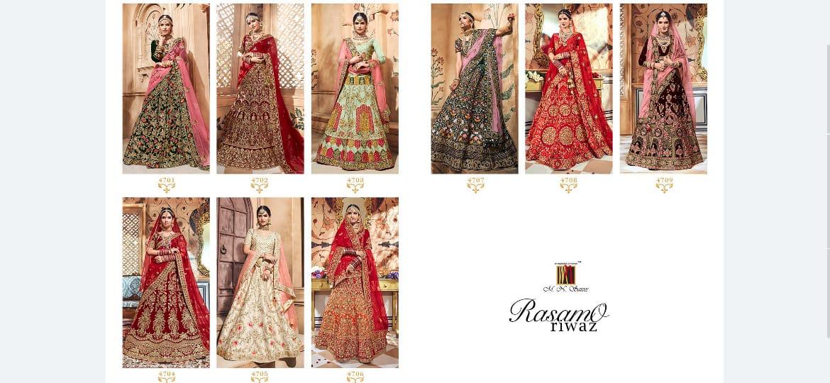 Rasamo Riwaz By M.n. Sarees 4701 To 4709 Series Indian Bridal Wear Collection Beautiful Stylish Fancy Colorful Wedding Wear & Occasional Wear Velvet Embroidered Lehengas At Wholesale Price