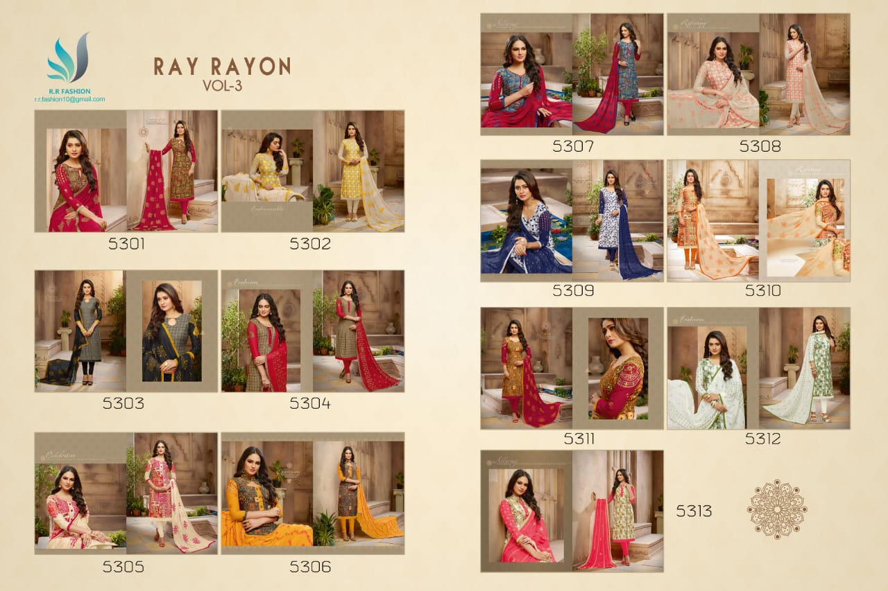 Ray Rayon Vol-3 By Rr Fashion 5301 To 5313 Series Beautiful Suits Stylish Fancy Colorful Casual Wear & Ethnic Wear Rayon & Cotton Dresses At Wholesale Price