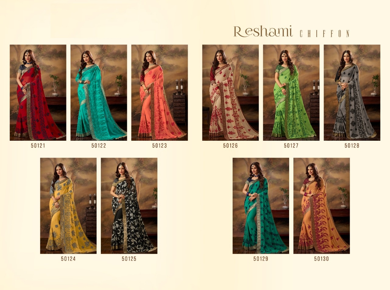 Reshmi Chiffon By Indian Women 50121 To 50130 Series Indian Traditional Wear Collection Beautiful Stylish Fancy Colorful Party Wear & Occasional Wear Chiffon Sarees At Wholesale Price