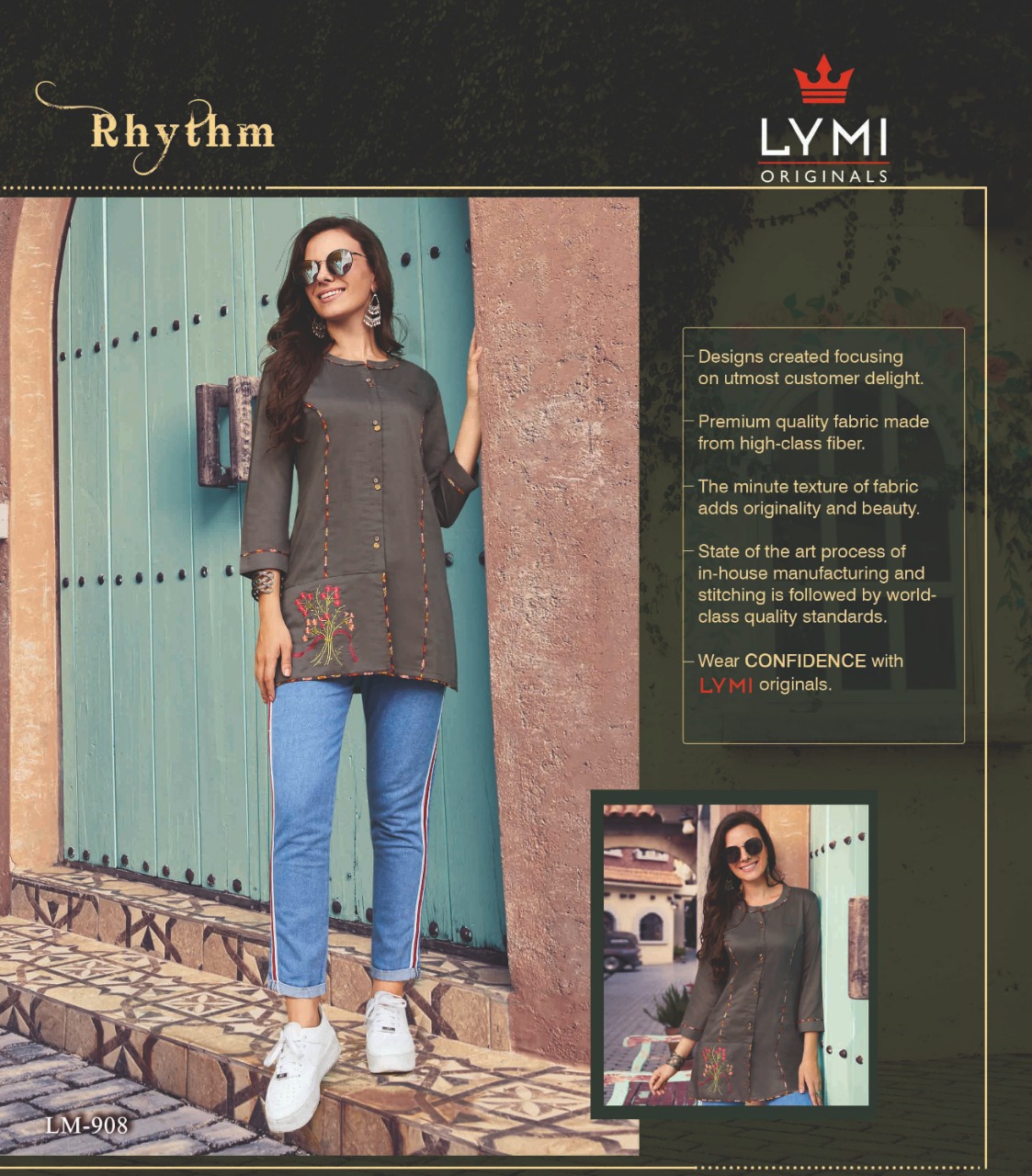 Rhythm By Lymi Orignal 901 To 908 Series Stylish Fancy Beautiful Colorful Casual Wear & Ethnic Wear Heavy Muslin Top With Embroidery Kurtis At Wholesale Price