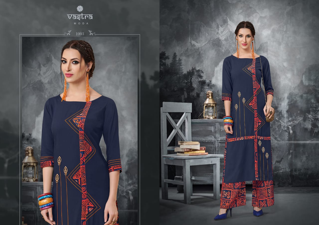 Rhythm Vol-1 By Vastra Moda 1001 To 1008 Series Beautiful Colorful Stylish Fancy Casual Wear & Ethnic Wear & Ready To Wear Premium Rayon Printed Kurtis With Palazzo At Wholesale Price