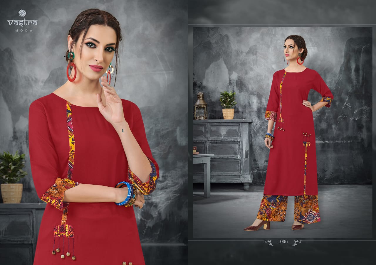 Rhythm Vol-1 By Vastra Moda 1001 To 1008 Series Beautiful Colorful Stylish Fancy Casual Wear & Ethnic Wear & Ready To Wear Premium Rayon Printed Kurtis With Palazzo At Wholesale Price