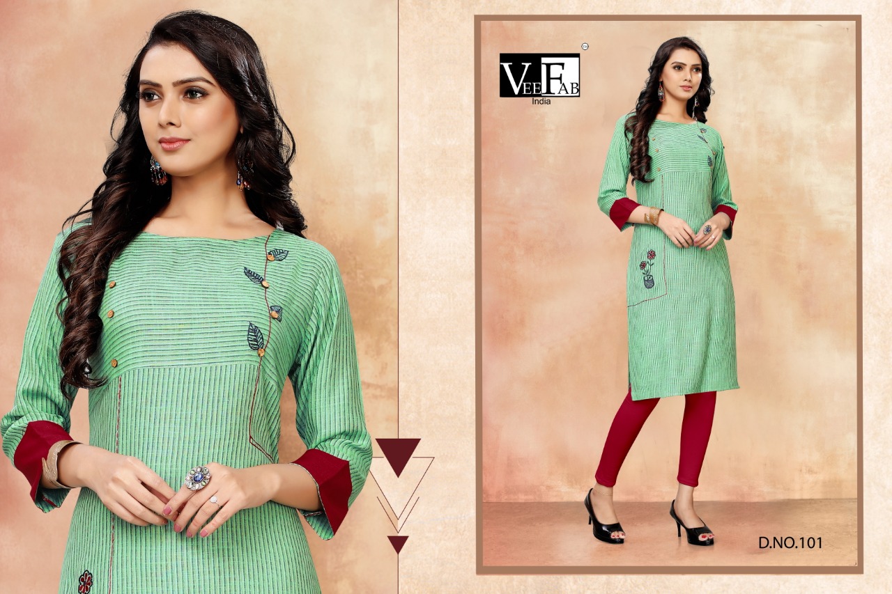 Rihanna Vol-1 By Vee Fab 101 To 106 Series Beautiful Stylish Fancy Colorful Casual Wear & Ethnic Wear & Ready To Wear Rayon Priny And Two Two Rayon Embroidered Kurtis At Wholesale Price