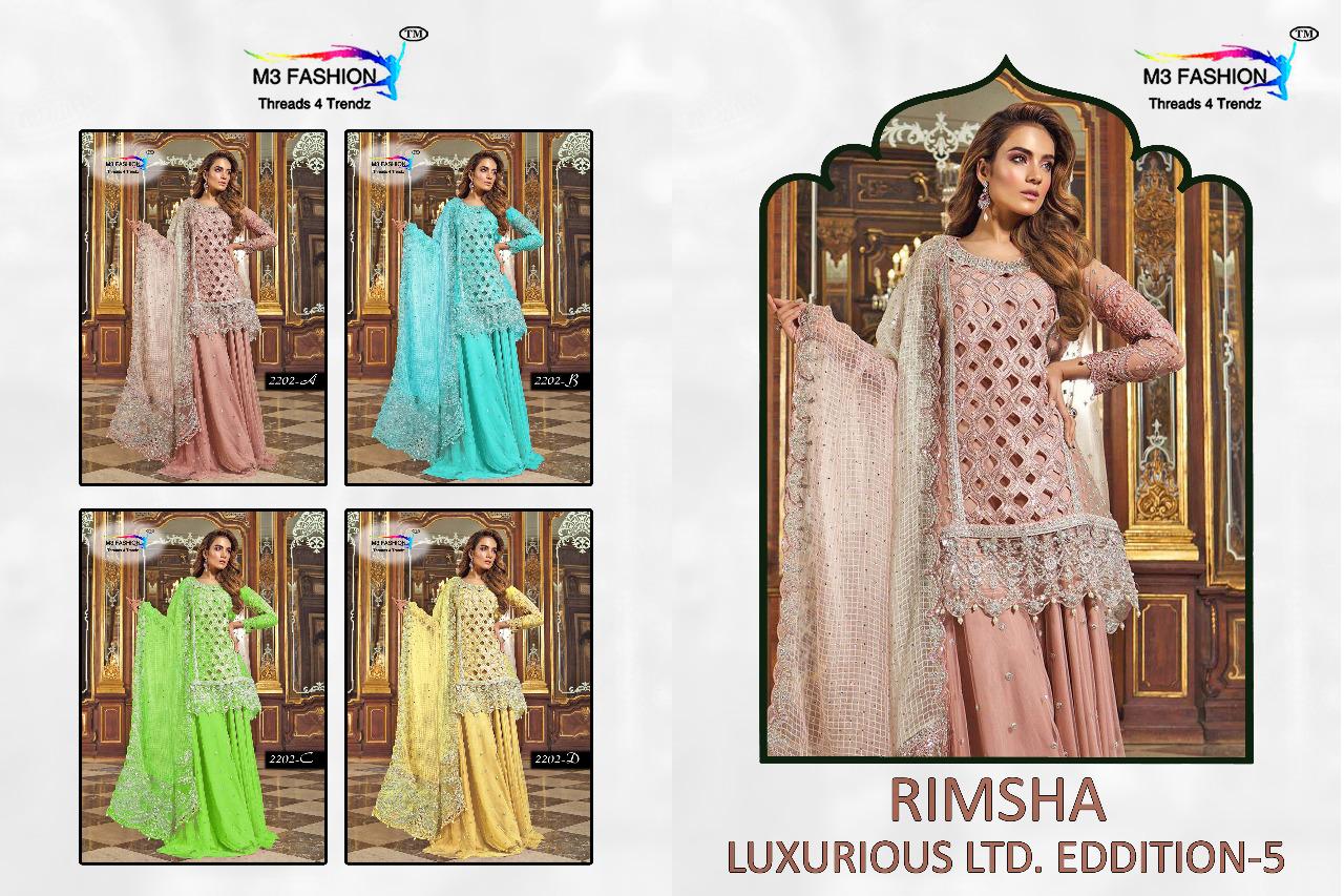 Rimsha Luxurious Limited Edition Vol-5 By M3 Fashion 2202-a To 2202-d Series Indian Traditional Wear Collection Beautiful Stylish Fancy Colorful Party Wear & Occasional Wear Pure Net Embroidered At Wholesale Price