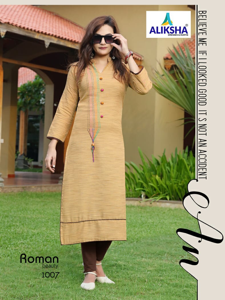 Roman Beauty By Aliksha 1001 To 1008 Series Beautiful Colorful Stylish Fancy Casual Wear & Ethnic Wear & Ready To Wear Heavy Rayon Embroidered Kurtis At Wholesale Price