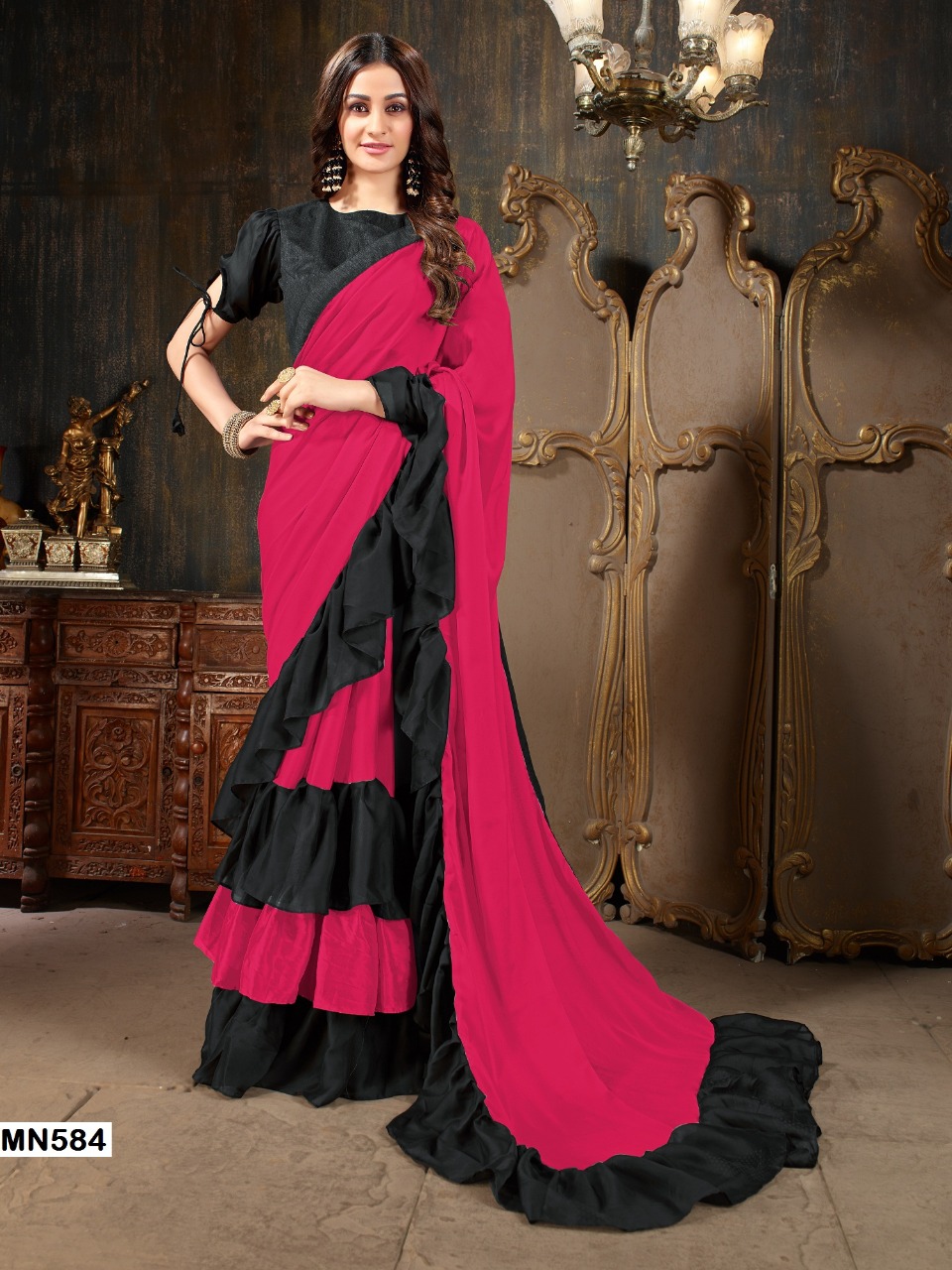 Stylish Ready to Wear Ruffled Saree With Sequin Blouse | EST3592FABS-1841 |  Cilory.com