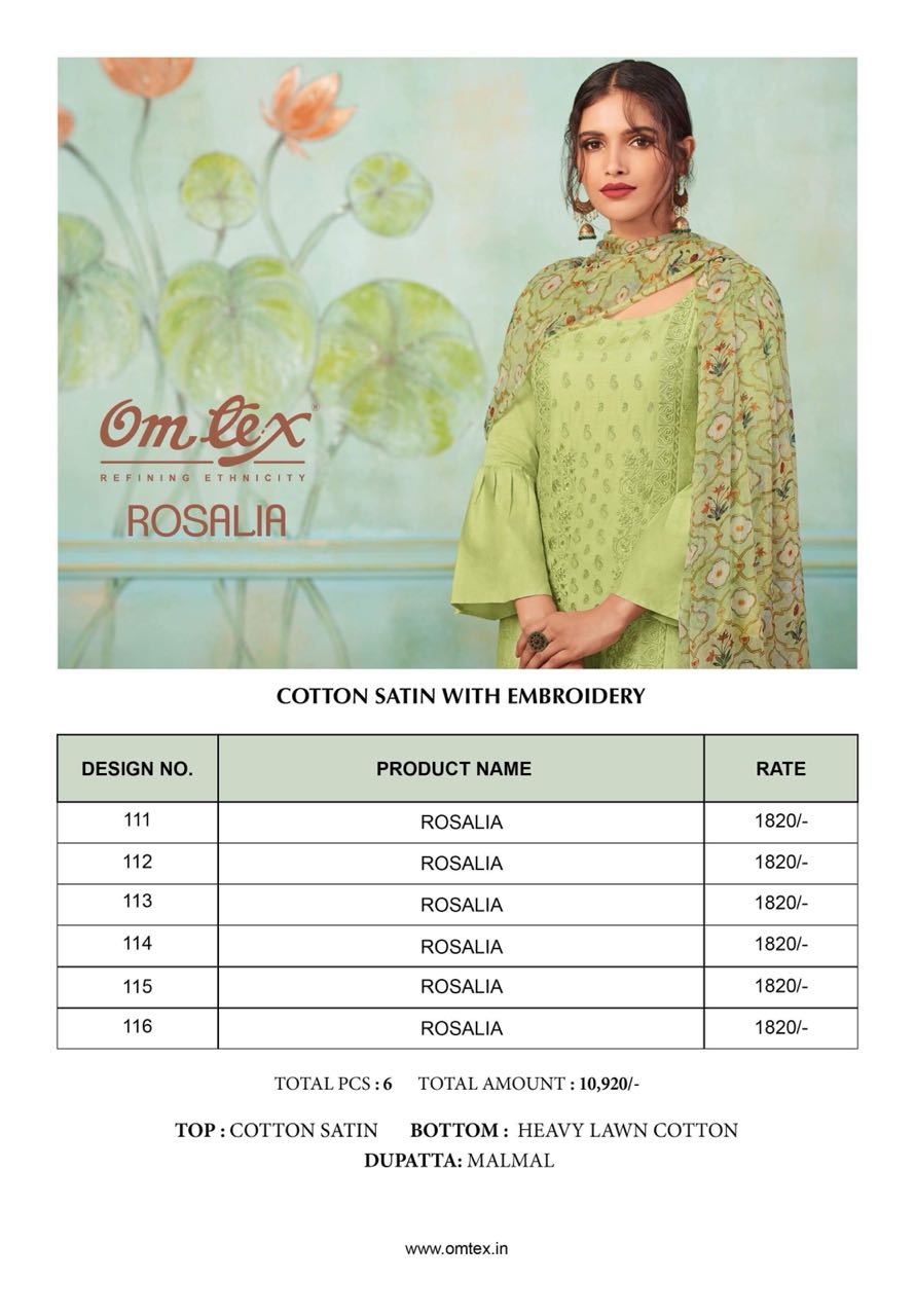 Rosalia By Om Tex 111 To 116 Series Beautiful Pakistani Suits Stylish Fancy Colorful Casual Wear & Ethnic Wear Pure Cotton Satin Printed Dresses At Wholesale Price