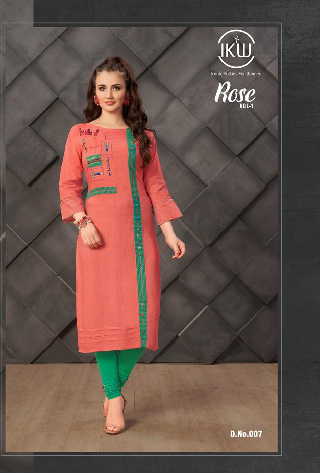 Rose Vol-1 By Ikw 001 To 008 Series Beautiful Stylish Fancy Colorful Casual Wear & Ethnic Wear & Ready To Wear Rayon Slub Embroidery Kurtis At Wholesale Price