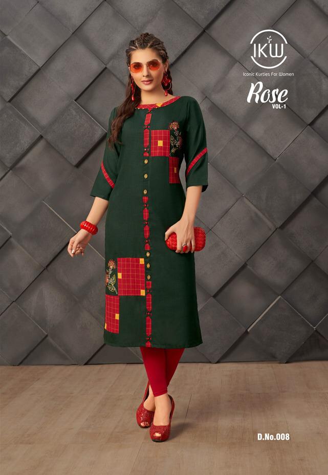 Rose Vol-1 By Ikw 001 To 008 Series Beautiful Stylish Fancy Colorful Casual Wear & Ethnic Wear & Ready To Wear Rayon Slub Embroidery Kurtis At Wholesale Price