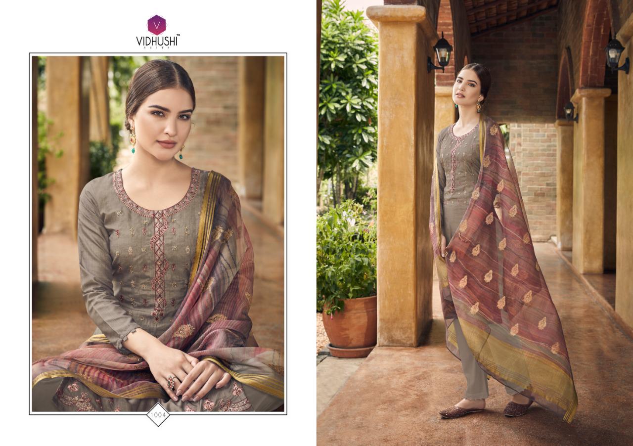 Rowena By Vidhushi Suits 1001 To 1006 Series Designer Collection Suits Beautiful Stylish Fancy Colorful Party Wear & Occasional Wear Dolla Silk With Digital Print With Embroidery Dresses At Wholesale Price