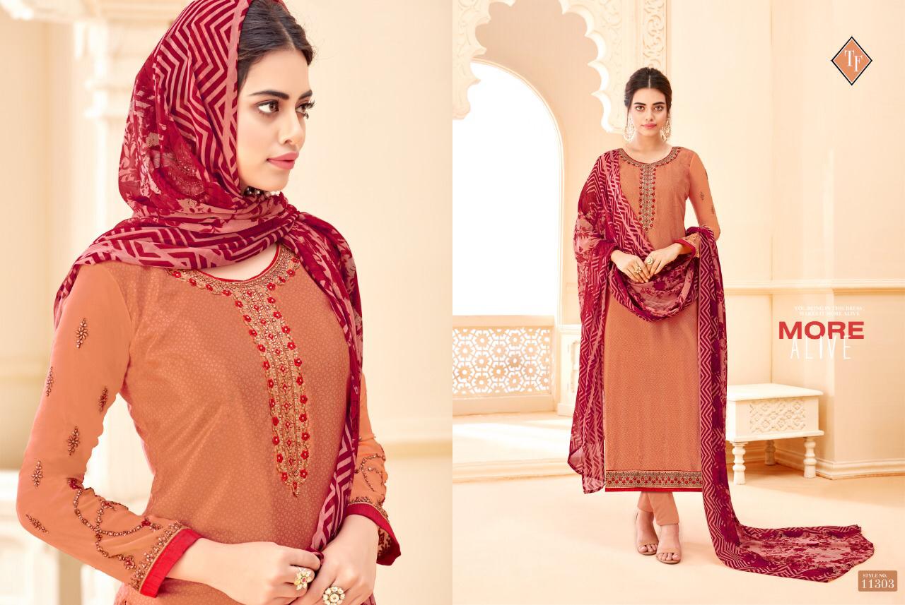 Royal Silk Vol-5 By Tanishk Fashion 11301 To 11308 Series Indian Traditional Wear Collection Beautiful Stylish Fancy Colorful Party Wear & Occasional Wear Pure French Crepe Embroiered Dresses At Wholesale Price