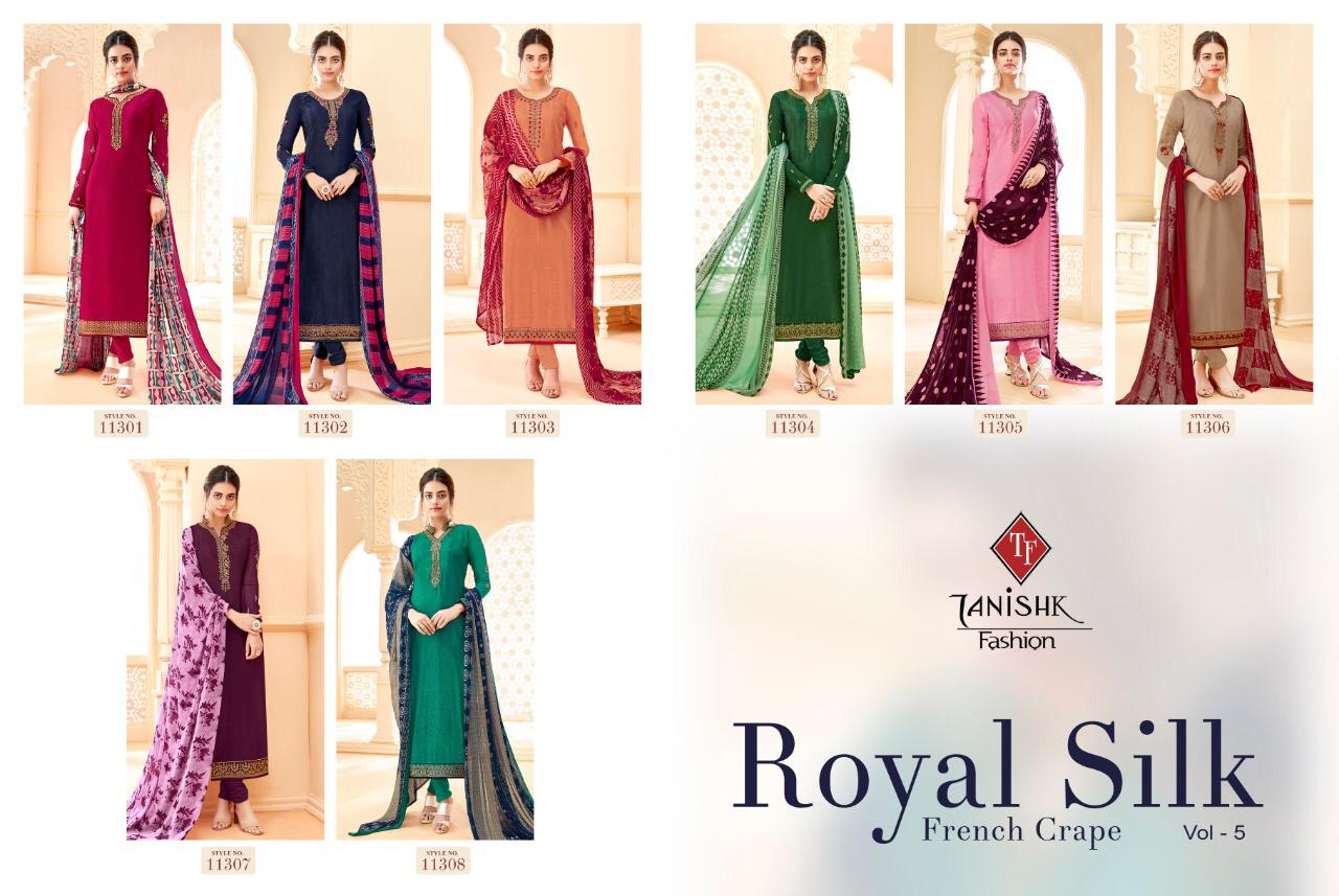 Royal Silk Vol-5 By Tanishk Fashion 11301 To 11308 Series Indian Traditional Wear Collection Beautiful Stylish Fancy Colorful Party Wear & Occasional Wear Pure French Crepe Embroiered Dresses At Wholesale Price