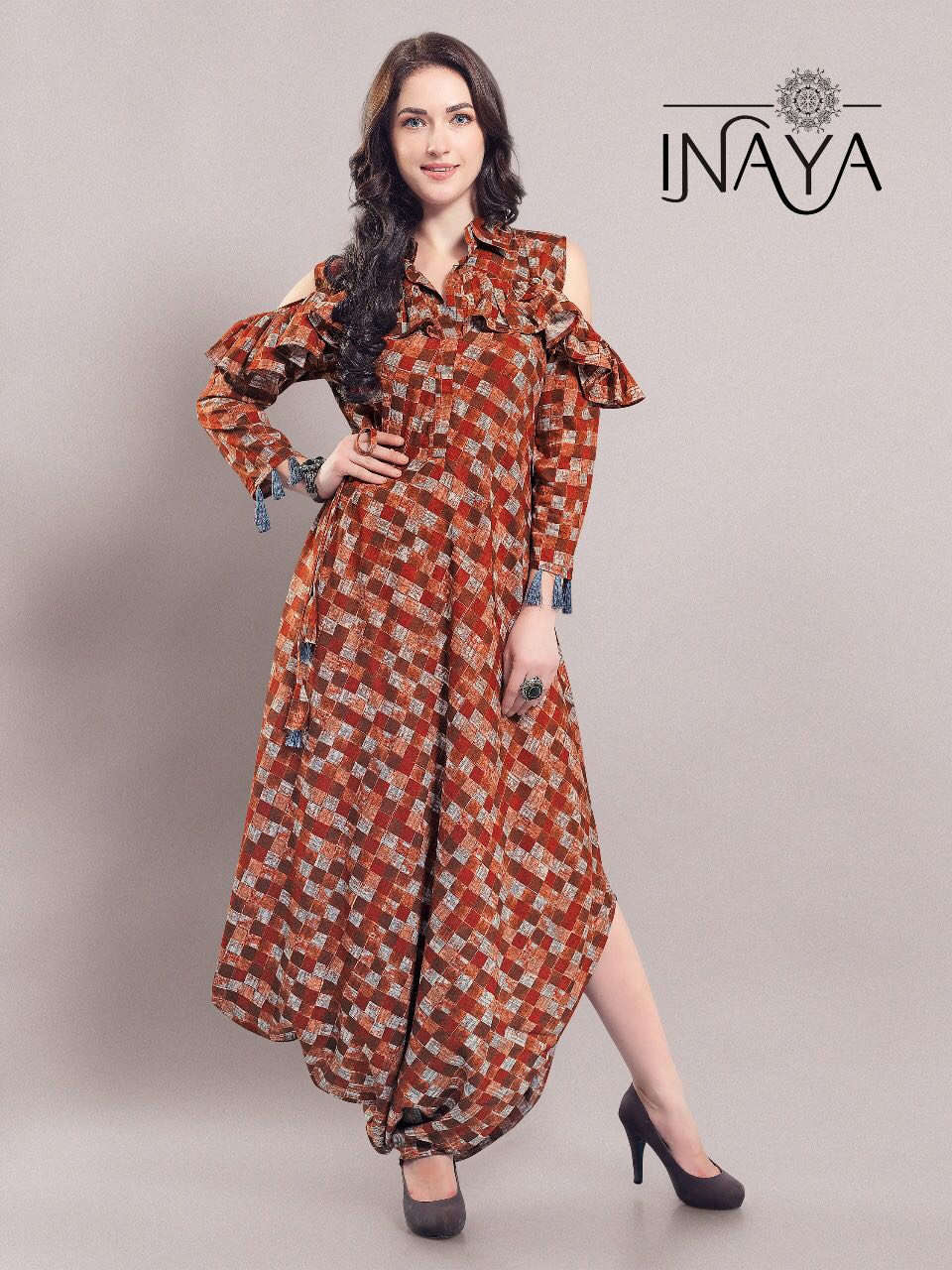 Ruffle Cold Shoulder Kurti By Inaya 01 To 02 Series Designer Colorful Stylish Fancy Beautiful Party Wear & Ethnic Wear Imported Rayon Printed Kurtis At Wholesale Price