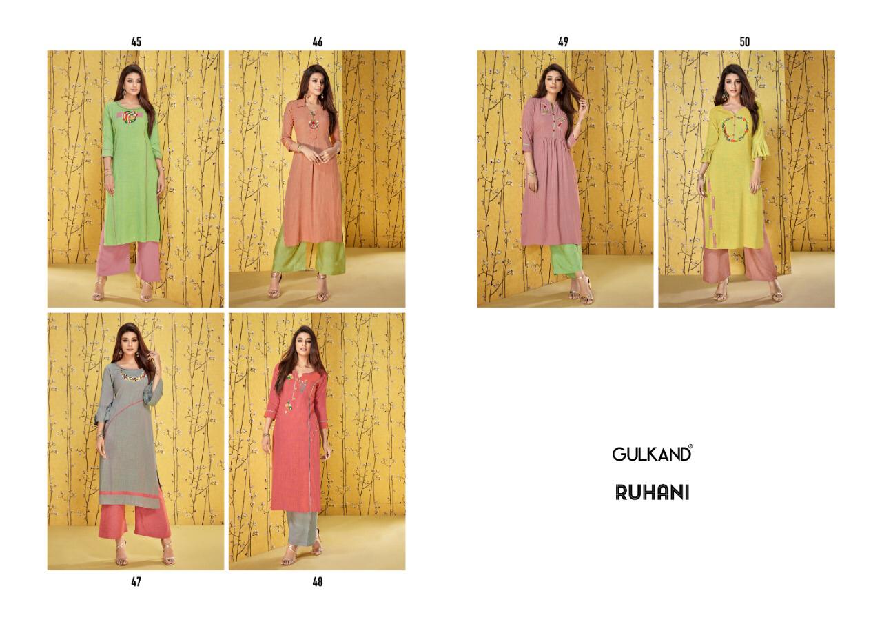 Ruhani By Gulkand 45 To 50 Series Beautiful Colorful Stylish Fancy Casual Wear & Ethnic Wear & Ready To Wear Heavy Two Tone Rayon With Palazzo Kurtis At Wholesale Price