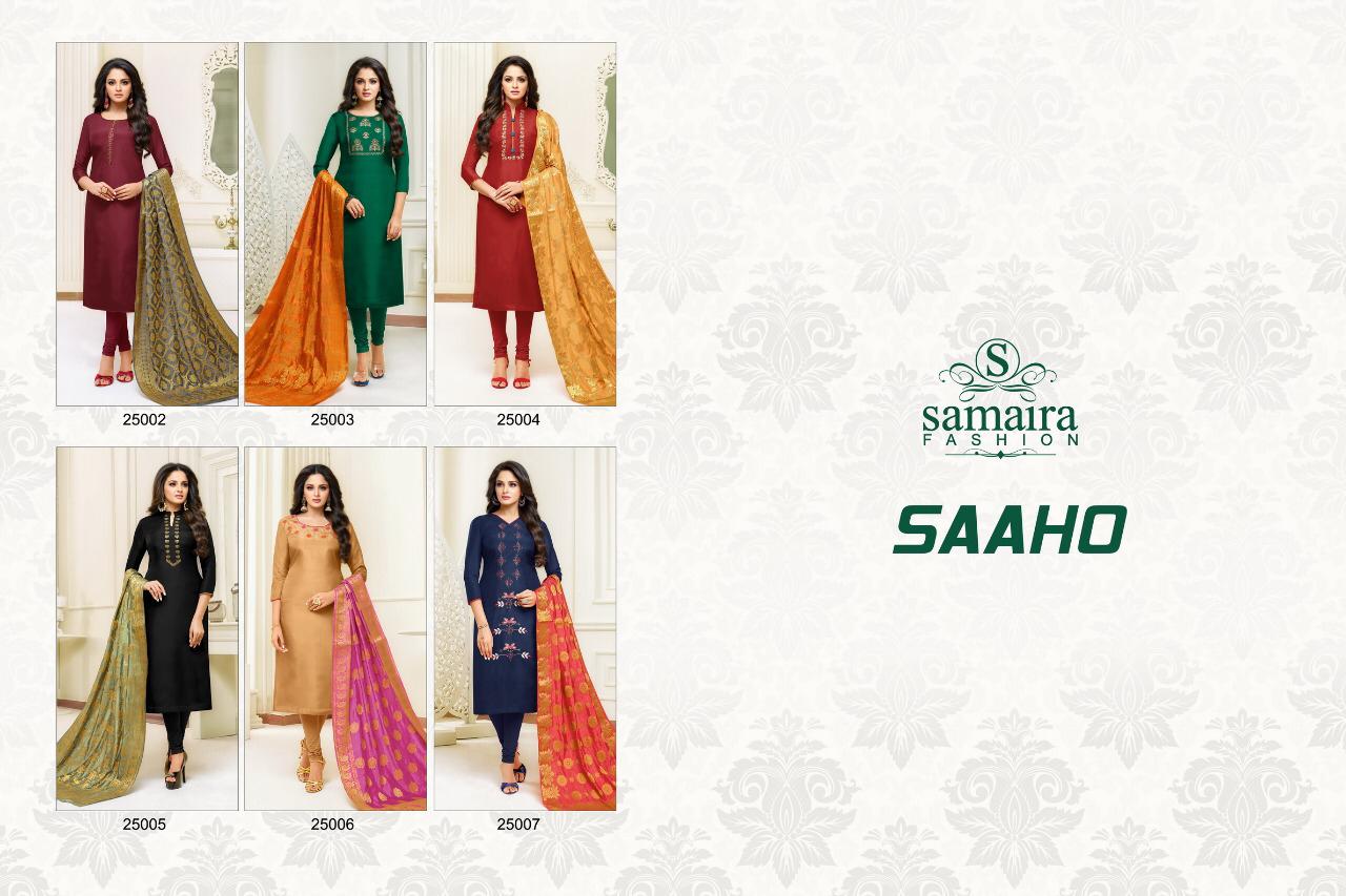 Saaho By Samaira Fashion 25002 To 25007 Beautiful Collection Suits Stylish Fancy Colorful Casual Wear & Ethnic Wear Upada Silk With Embroidery Work Dresses At Wholesale Price