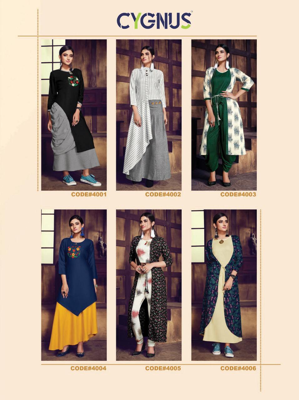 Saffron By Cygnus 4001 To 4006 Series Beautiful Colorful Stylish Fancy Casual Wear & Ethnic Wear & Ready To Wear Heavy Rayon Printed Kurtis With Dhoti And Shrug At Wholesale Price