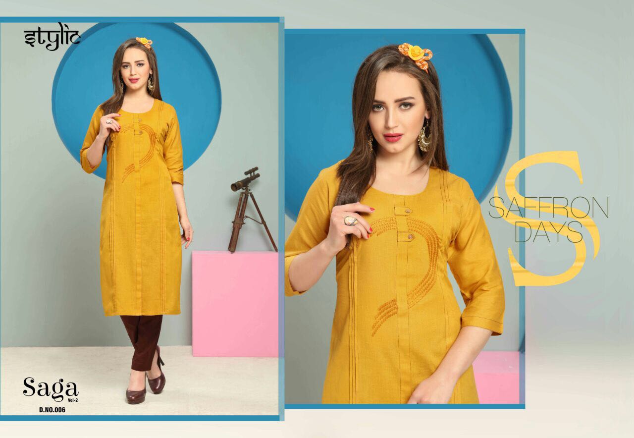 Saga Vol-2 By Stylic 001 To 010 Series Stylish Fancy Colorful Beautiful Casual Wear & Ethnic Wear Collection Dyed Flex Kurtis With Pants At Wholesale Price