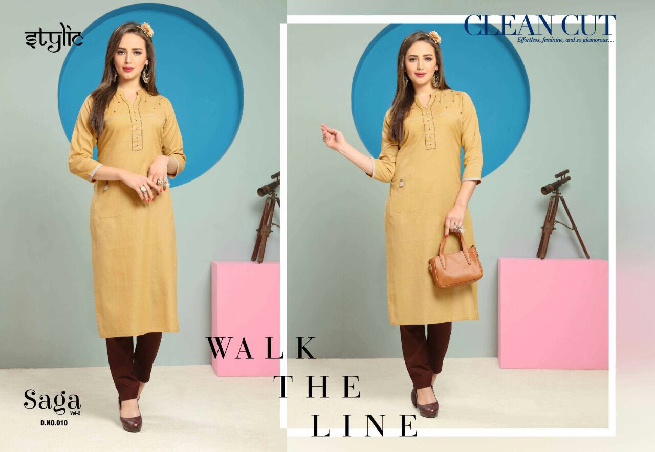 Saga Vol-2 By Stylic 001 To 010 Series Stylish Fancy Colorful Beautiful Casual Wear & Ethnic Wear Collection Dyed Flex Kurtis With Pants At Wholesale Price