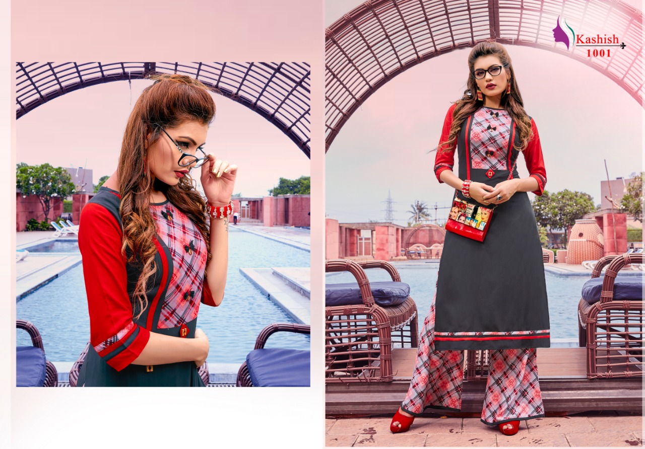Sahiba By Kashish 1001 To 1007 Series Beautiful Stylish Fancy Colorful Casual Wear & Ethnic Wear & Ready To Wear Rayon Printed Kurtis & Palazzos At Wholesale Price