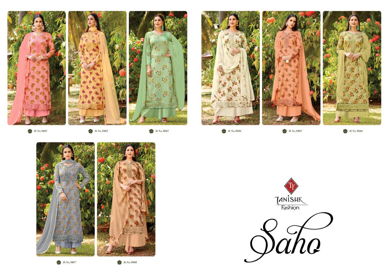 Saho By Tanishk Fashion 9801 To 9808 Series Indian Traditional Wear Collection Beautiful Stylish Fancy Colorful Party Wear & Occasional Wear Pure Jam Silk Satin Print With Embroidery Work Dresses At Wholesale Price