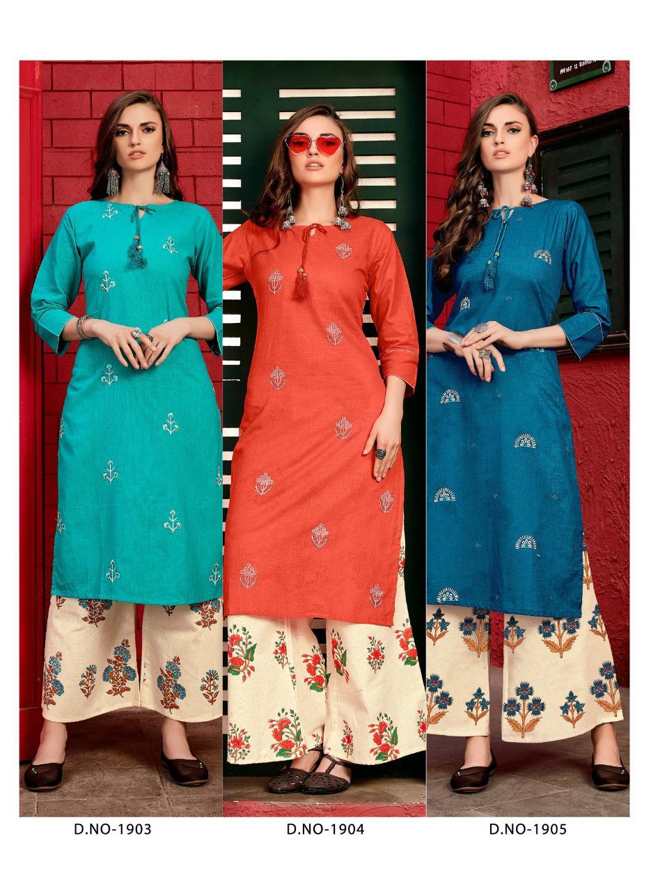 Sakhi Saheli Vol-19 By Kalakari 1901 To 1905 Series Designer Beautiful Colorful Stylish Fancy Casual Wear & Ethnic Wear & Ready To Wear Cotton Embroidered Kurtis With Bottom At Wholesale Price