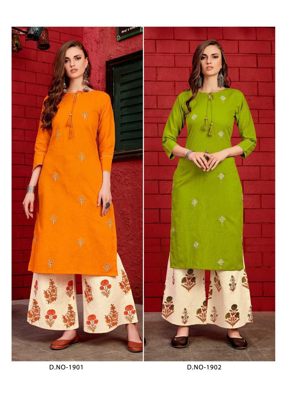 Sakhi Saheli Vol-19 By Kalakari 1901 To 1905 Series Designer Beautiful Colorful Stylish Fancy Casual Wear & Ethnic Wear & Ready To Wear Cotton Embroidered Kurtis With Bottom At Wholesale Price