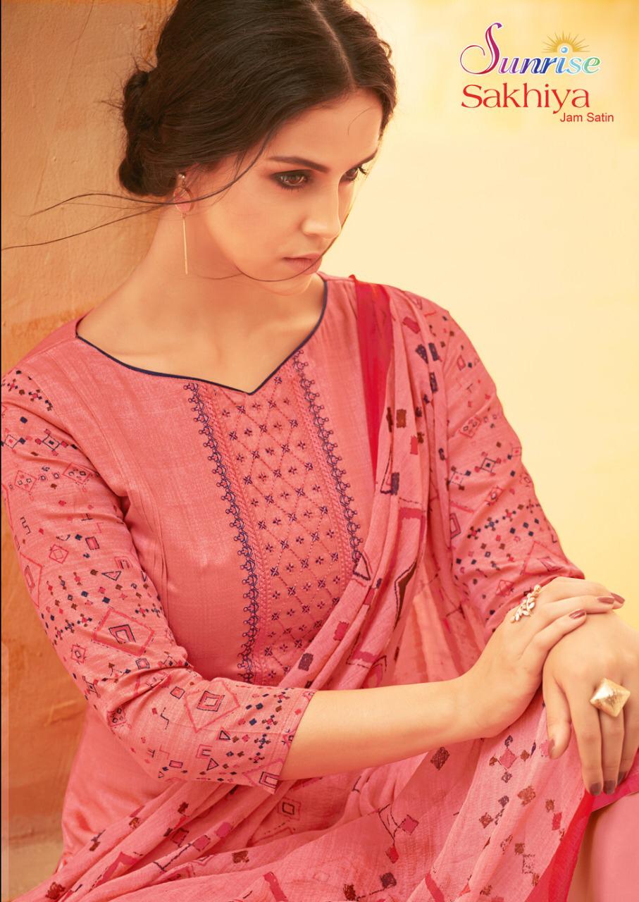 Sakhiya By Sunrise Creation 1001 To 1010 Series Beautiful Suits Colorful Stylish Fancy Colorful Casual Wear & Ethnic Wear Jam Satin Embroidery Work Dresses At Wholesale Price
