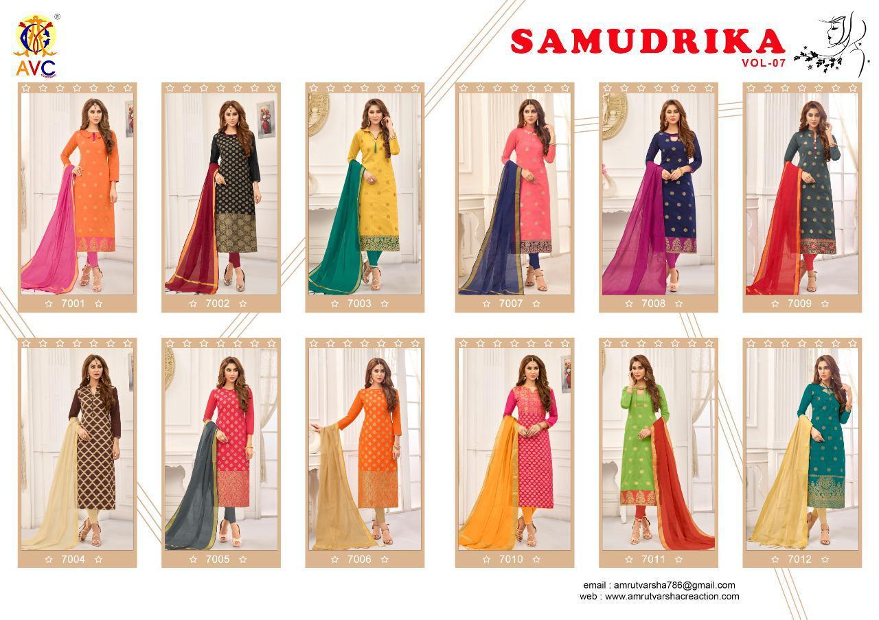 Samudrika Vol-7 By Amrut Varsha Creation  7001 To 7012 Series Beautiful Suits Colorful Stylish Fancy Colorful Casual Wear & Ethnic Wear Banarasi Jacquard Printed Dresses At Wholesale Price