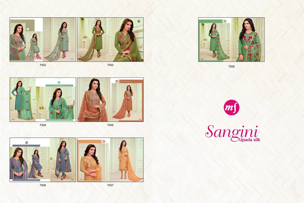 Sangini By Mahaveer Fashion 7002 To 7008 Series Beautiful Suits Colorful Stylish Fancy Casual Wear & Ethnic Wear Pure Upada Silk Embroidered Dresses At Wholesale Price