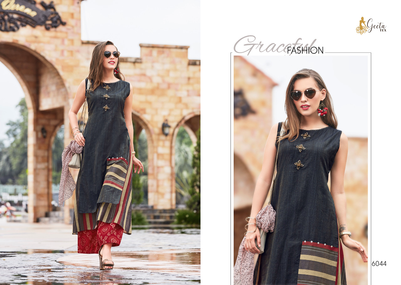 Saniya By Geeta Tex 6044 To 6051 Series Beautiful Colorful Stylish Fancy Casual Wear & Ethnic Wear & Ready To Wear Cotton/ Silk Kurtis & Palazzos At Wholesale Price