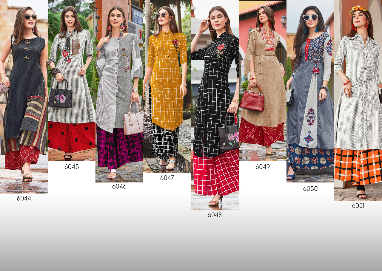 Saniya By Geeta Tex 6044 To 6051 Series Beautiful Colorful Stylish Fancy Casual Wear & Ethnic Wear & Ready To Wear Cotton/ Silk Kurtis & Palazzos At Wholesale Price