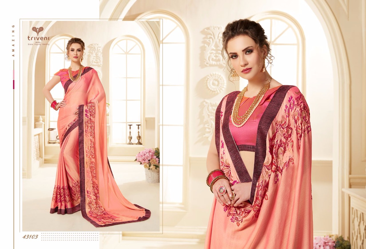 Sarangi By Triveni 43101 To 43108 Series Indian Traditional Wear Collection Beautiful Stylish Fancy Colorful Party Wear & Occasional Wear Chiffon Printed Sarees At Wholesale Price