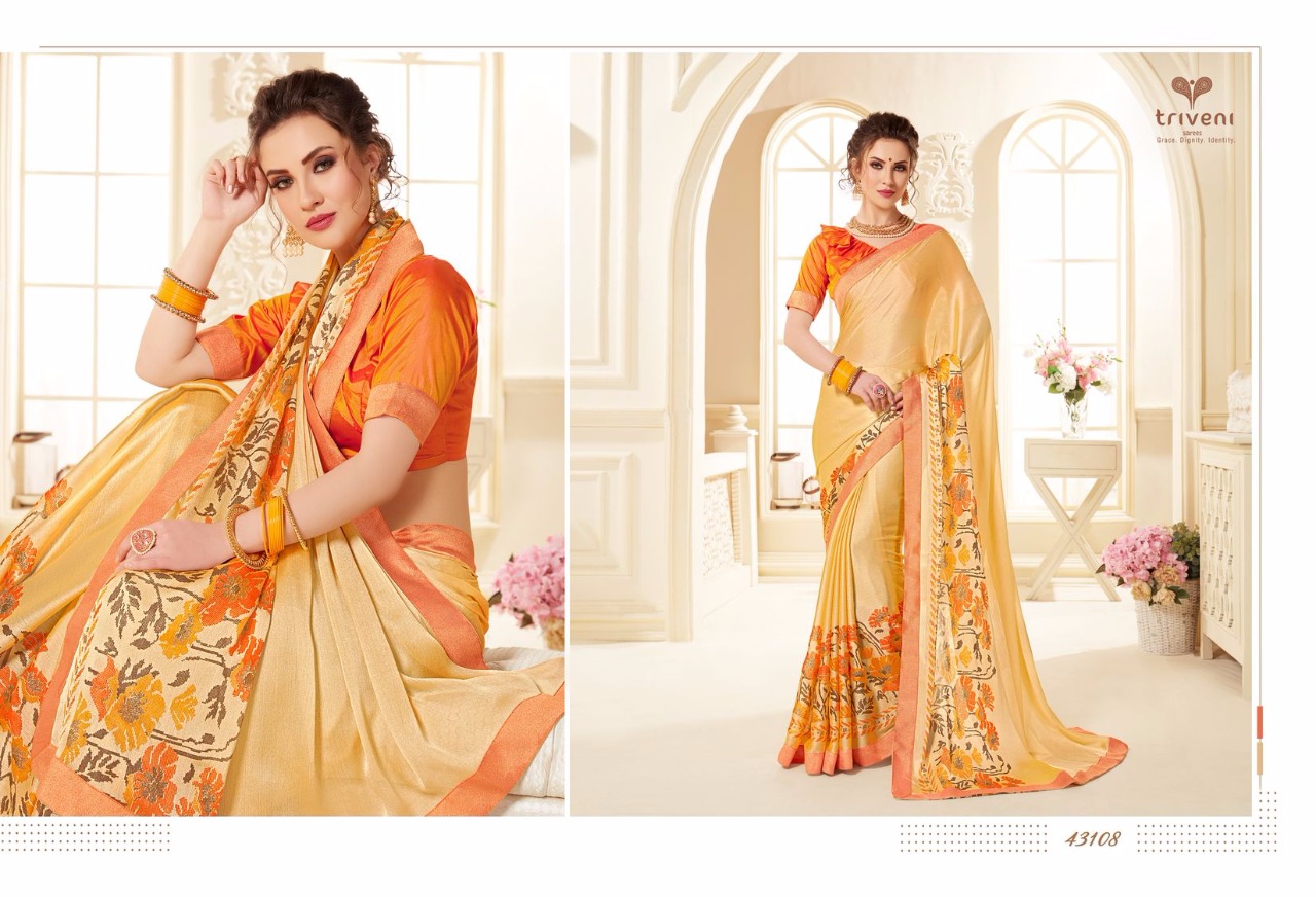 Sarangi By Triveni 43101 To 43108 Series Indian Traditional Wear Collection Beautiful Stylish Fancy Colorful Party Wear & Occasional Wear Chiffon Printed Sarees At Wholesale Price