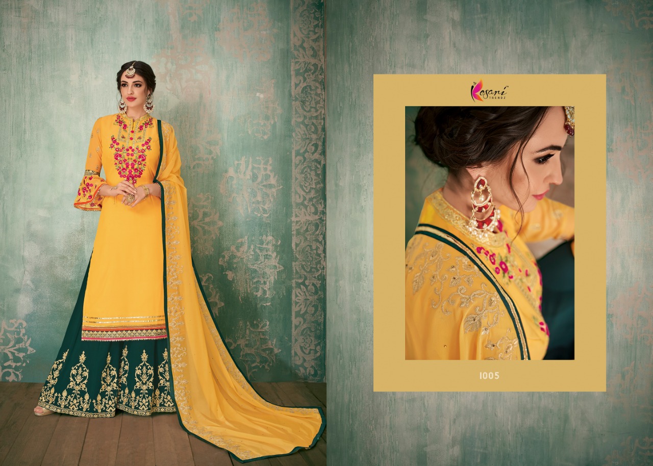 Sarara Vol-2 By Kesari Trendz 100 To 1008 Series Designer Sharara Suits Beautiful Stylish Fancy Colorful Party Wear & Ethnic Wear Faux Georegette With Embroidery Dresses At Wholesale Price