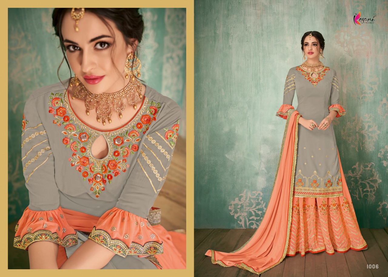 Sarara Vol-2 By Kesari Trendz 100 To 1008 Series Designer Sharara Suits Beautiful Stylish Fancy Colorful Party Wear & Ethnic Wear Faux Georegette With Embroidery Dresses At Wholesale Price