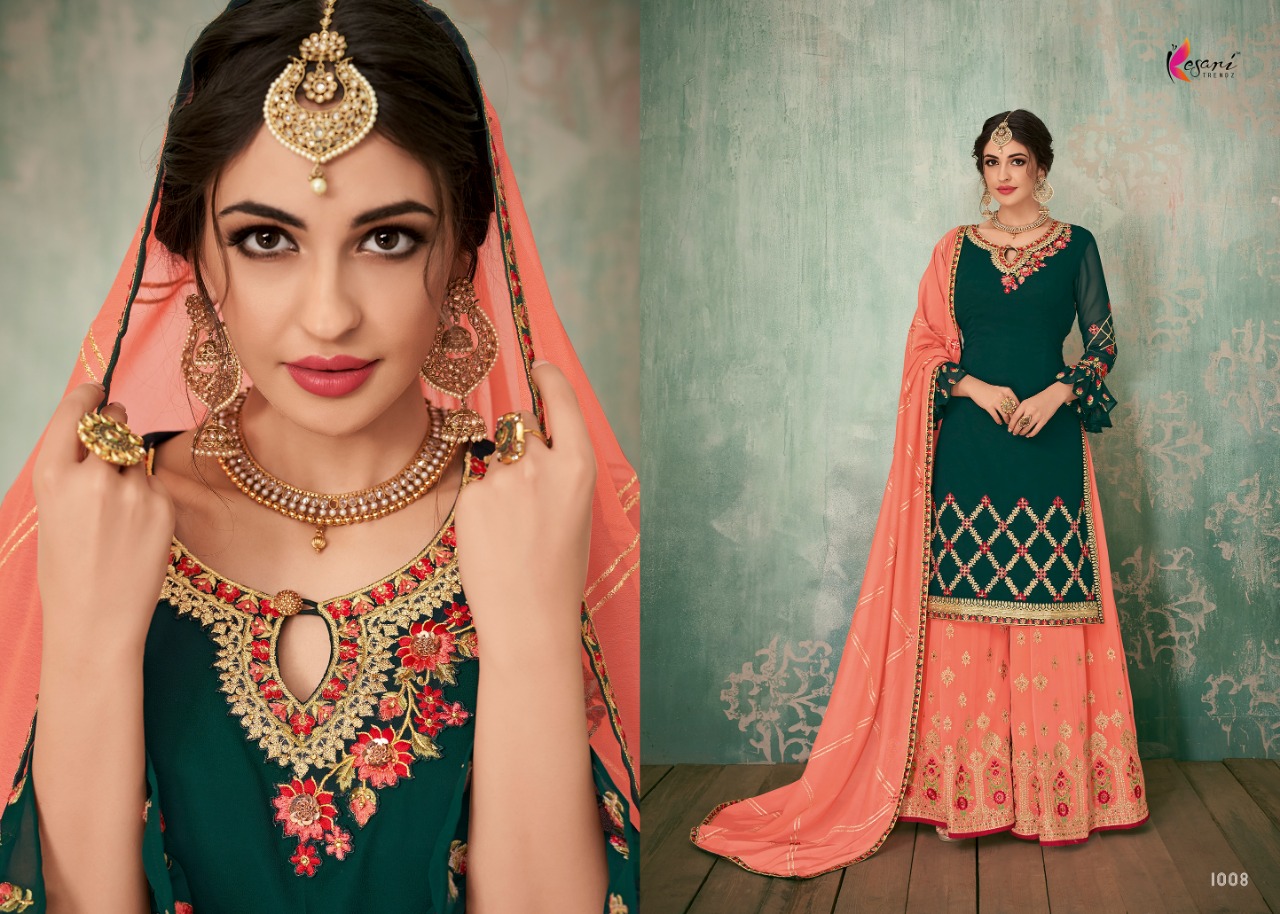 Sarara Vol-2 By Kesari Trendz 100 To 1008 Series Designer Sharara Suits Beautiful Stylish Fancy Colorful Party Wear & Ethnic Wear Faux Georegette With Embroidery Dresses At Wholesale Price