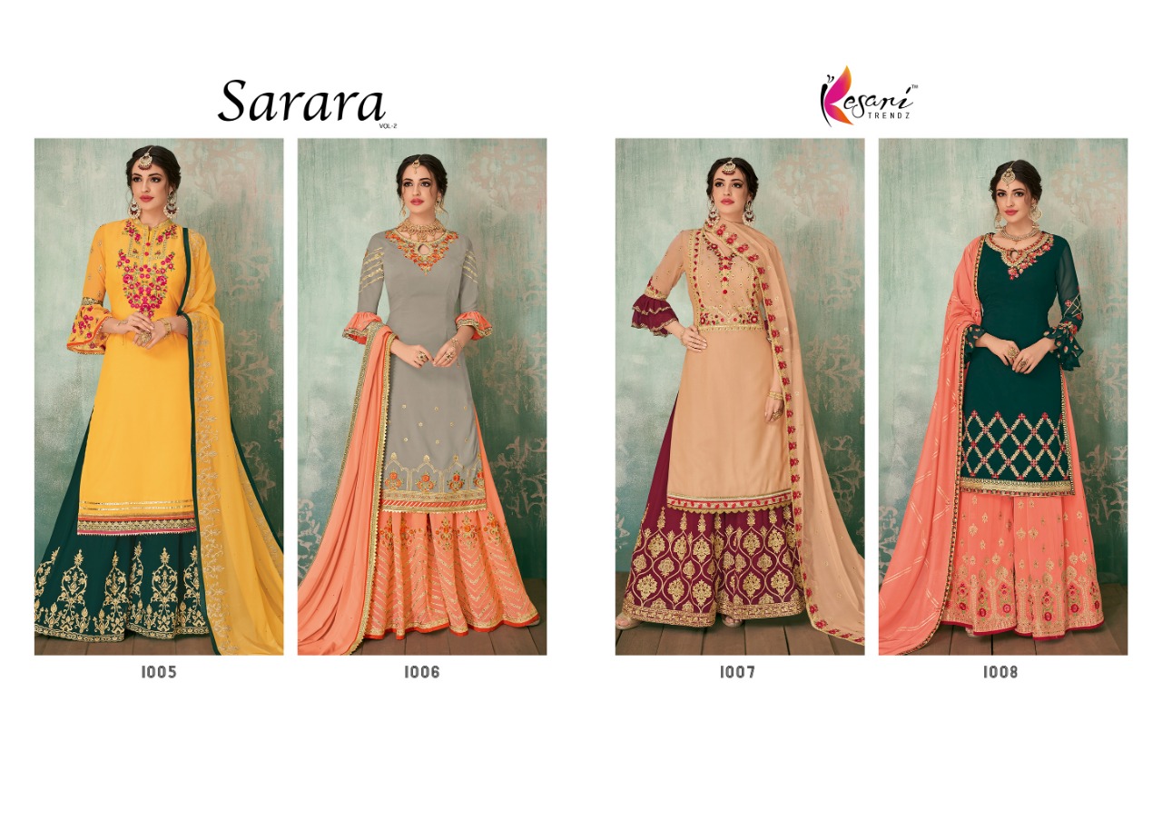 Sarara Vol-2 By Kesari Trendz 100 To 1008 Series Designer Sharara Suits Beautiful Stylish Fancy Colorful Party Wear & Ethnic Wear Faux Georegette With Embroidery Dresses At Wholesale Price