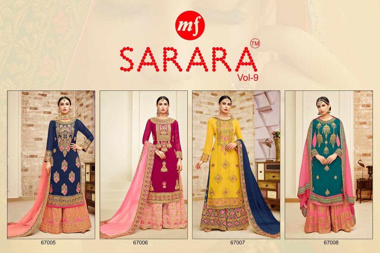 Sarara Vol-9 By Mahaveer Fashion 67005 To 67008 Series Designer Sharara Suits Collection Beautiful Stylish Fancy Colorful Party Wear & Occasional Wear Faux Georgette Embroidered Dresses At Wholesale Price