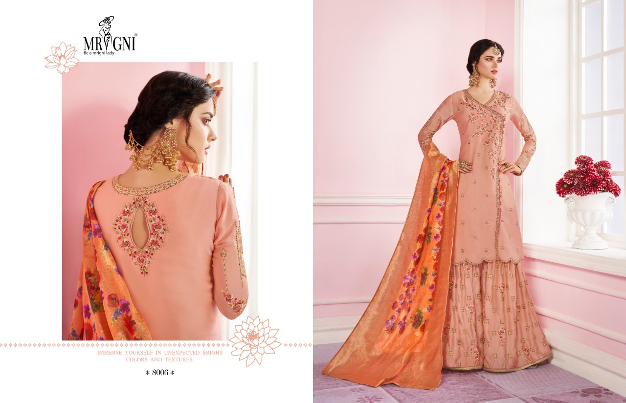 Sarara By Mrigni 8001 To 8006 Series Designer Festive Sarara Suits Collection Beautiful Stylish Fancy Colorful Party Wear & Occasional Wear Satin Georgette Dresses At Wholesale Price