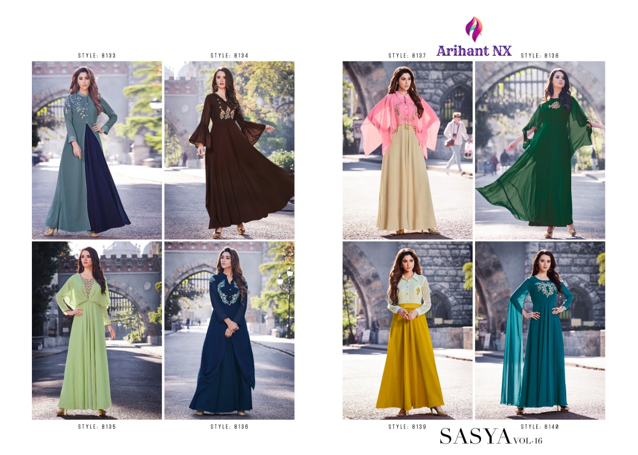 Sasya Vol-16 By Arihant Designer 8133 To 8140 Series Beautiful Stylish Fancy Colorful Party Wear & Ethnic Wear & Ready To Wear Semi Georgette Kurtis At Wholesale Price
