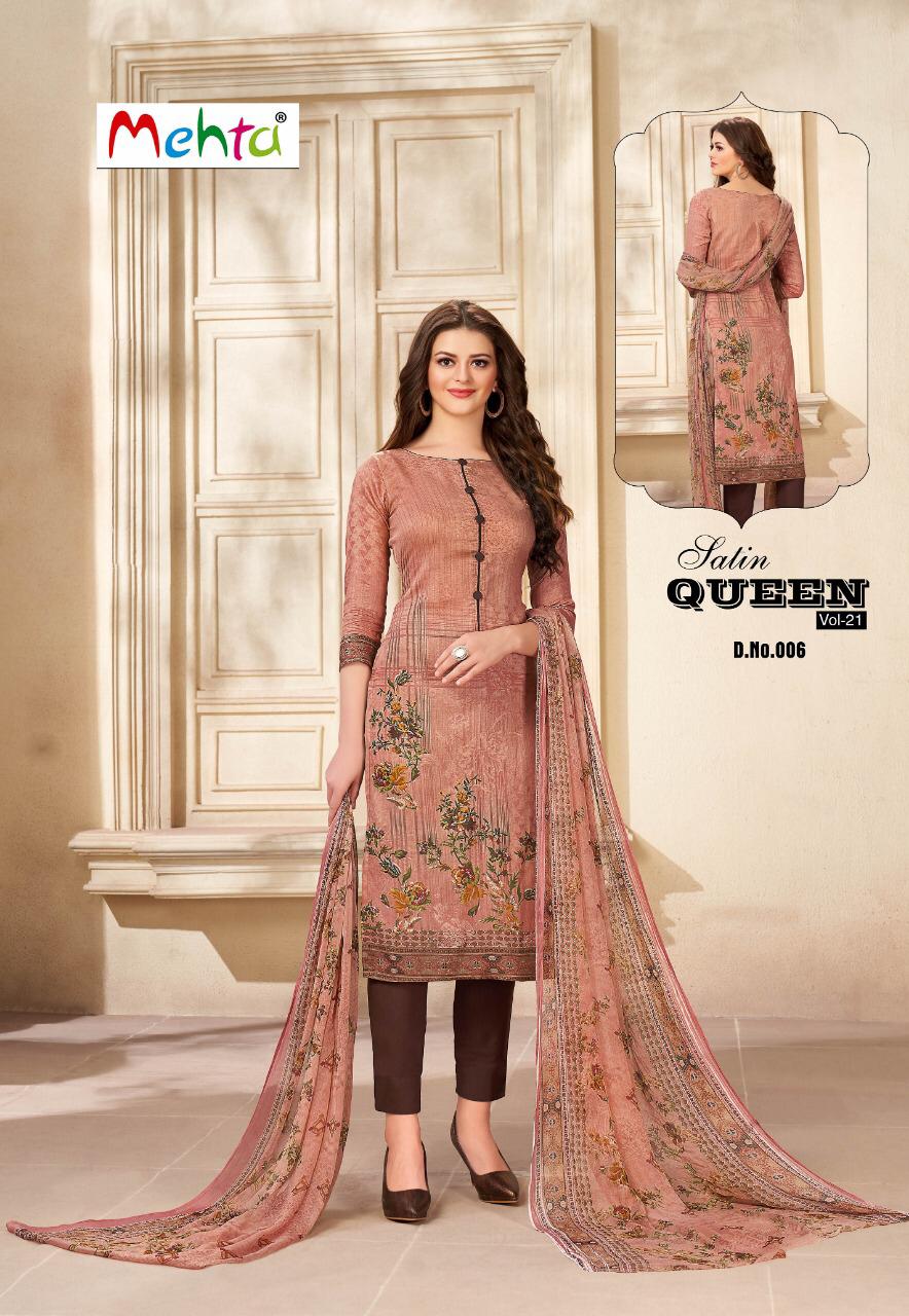 Satin Queen Vol-21 By Mehta 001 To 010 Series Beautiful Suits Stylish Fancy Colorful Casual Wear & Ethnic Wear Satin Cotton Printed Dresses At Wholesale Price