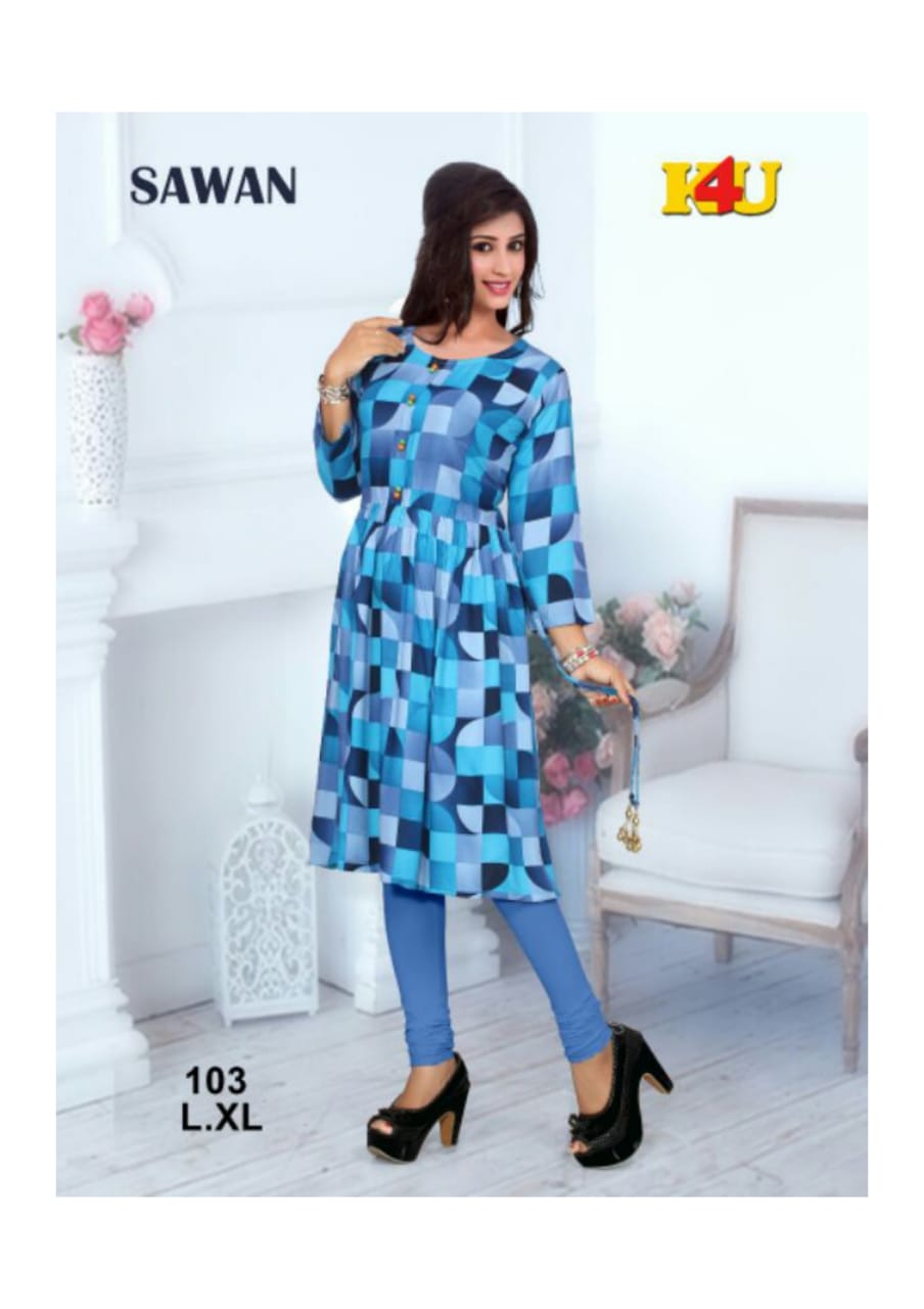 Sawan By K4u 101 To 106 Series Beautiful Stylish Fancy Colorful Casual Wear & Ready To Wear & Ethnic Wear Heavy Rayon Printed Kurtis At Wholesale Price
