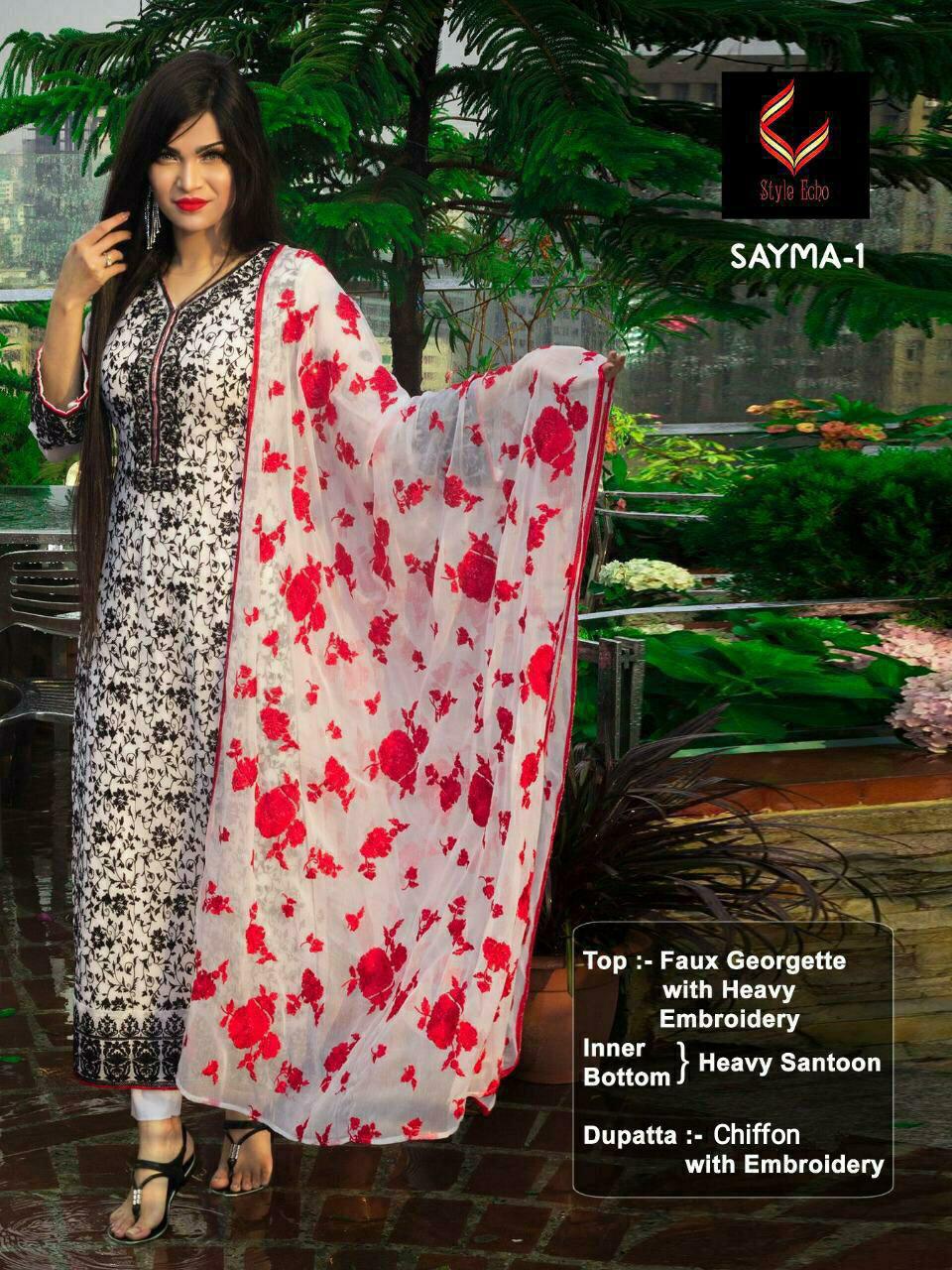 Sayma Vol-1 By Style Echo Beautiful Pakistani Suits Colorful Stylish Fancy Casual Wear & Ethnic Wear Heavy Faux Georgette Embroidered Dresses At Wholesale Price