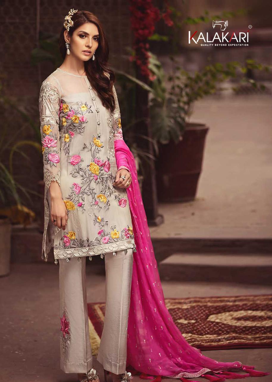 Serine Premium Collection Dn-3 By Kalakari Nx Beautiful Stylish Designer Printed And Embroidered Party Wear Occasional Wear Georgette With Zari Work Embroidered  Dresses At Wholesale Price