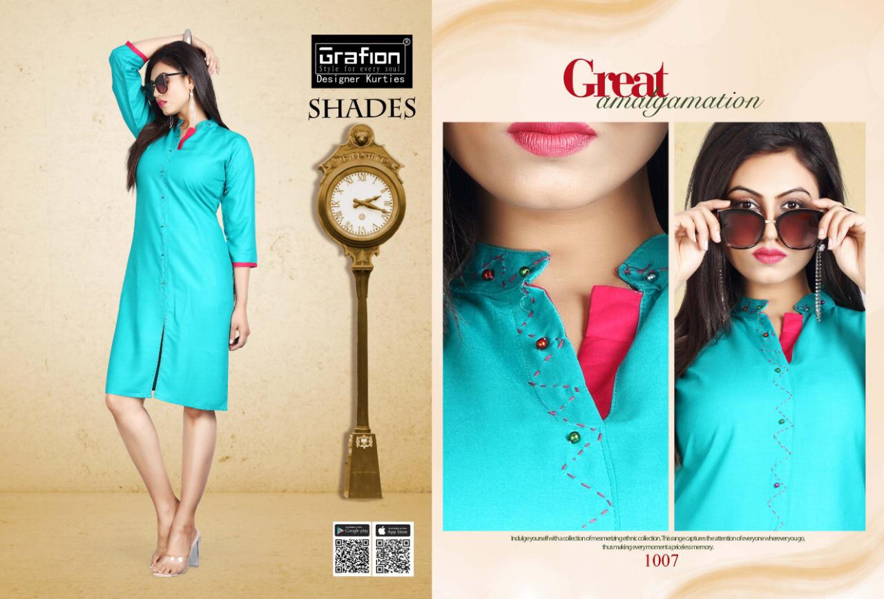 Shades By Grafion 1001 To 1010 Series Beautiful Stylish Colorful Fancy Party Wear & Ethnic Wear & Ready To Wear Rayon With Manual Work Kurtis At Wholesale Price