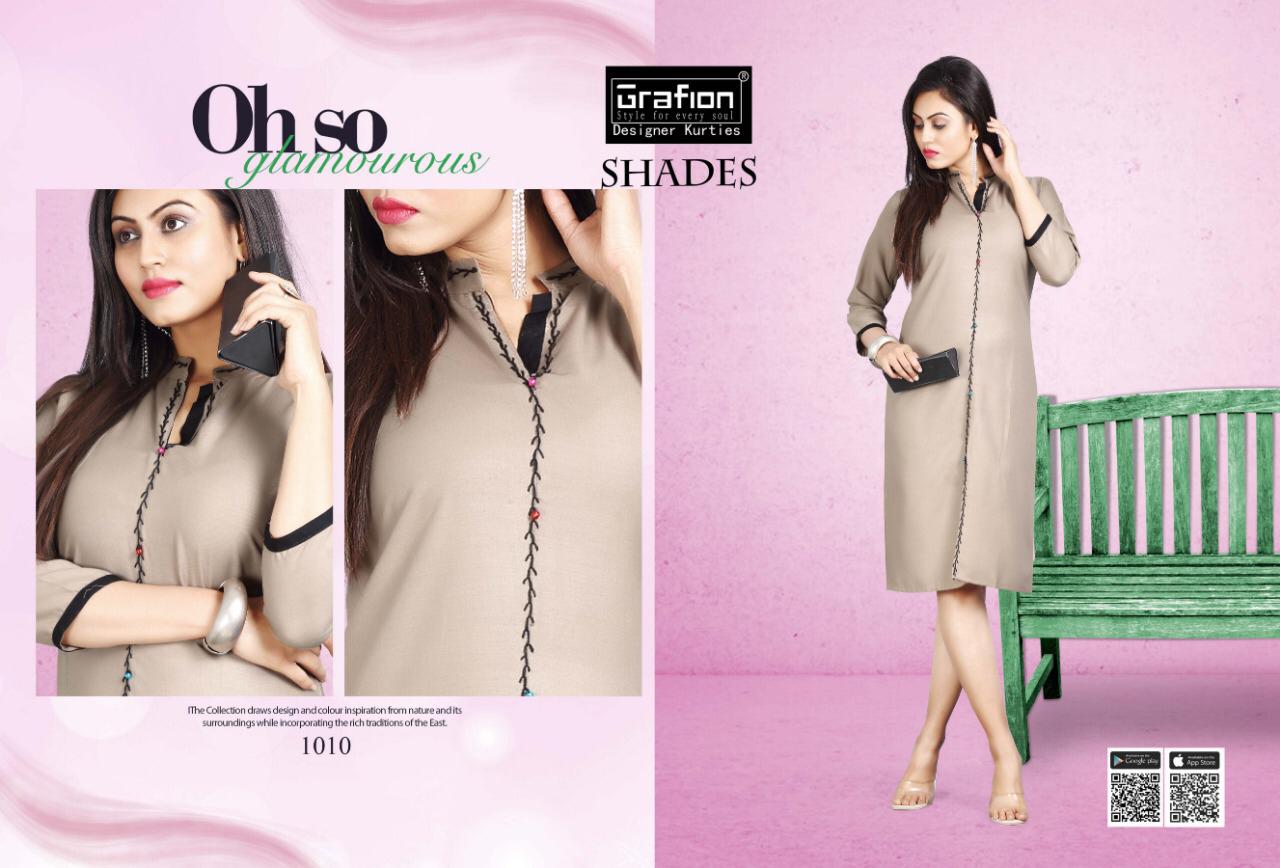 Shades By Grafion 1001 To 1010 Series Beautiful Stylish Colorful Fancy Party Wear & Ethnic Wear & Ready To Wear Rayon With Manual Work Kurtis At Wholesale Price