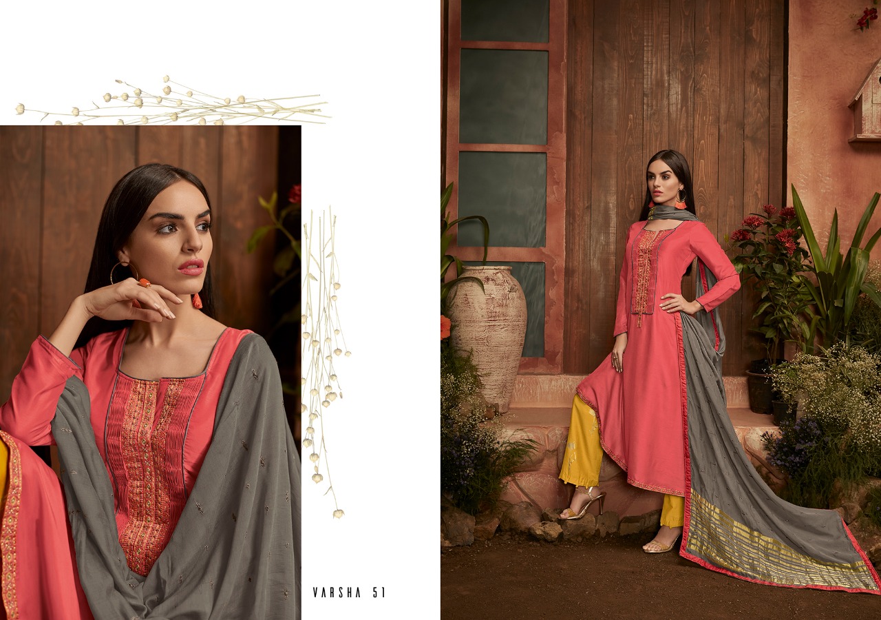Shades By Varsha Fashions 51 To 58 Series Beautiful Suits Collection Colorful Stylish Fancy Casual Wear & Ethnic Wear Cmuslin Solid With Embroidered Dresses At Wholesale Price