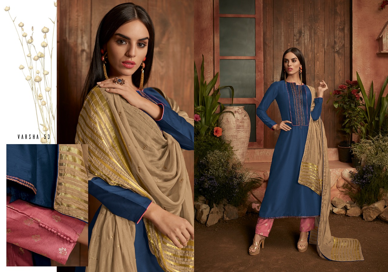 Shades By Varsha Fashions 51 To 58 Series Beautiful Suits Collection Colorful Stylish Fancy Casual Wear & Ethnic Wear Cmuslin Solid With Embroidered Dresses At Wholesale Price