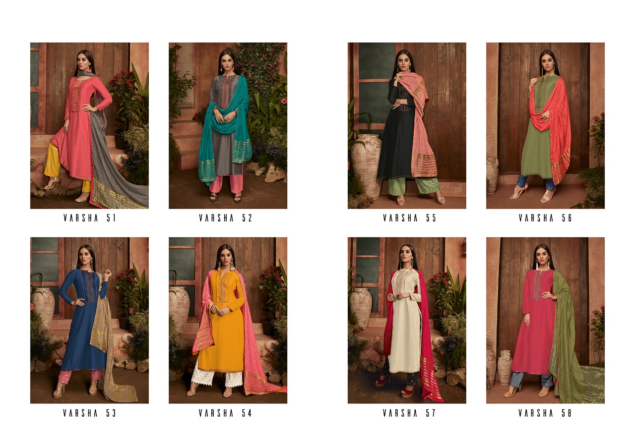 Shades By Varsha Fashions 51 To 58 Series Beautiful Suits Collection Colorful Stylish Fancy Casual Wear & Ethnic Wear Cmuslin Solid With Embroidered Dresses At Wholesale Price