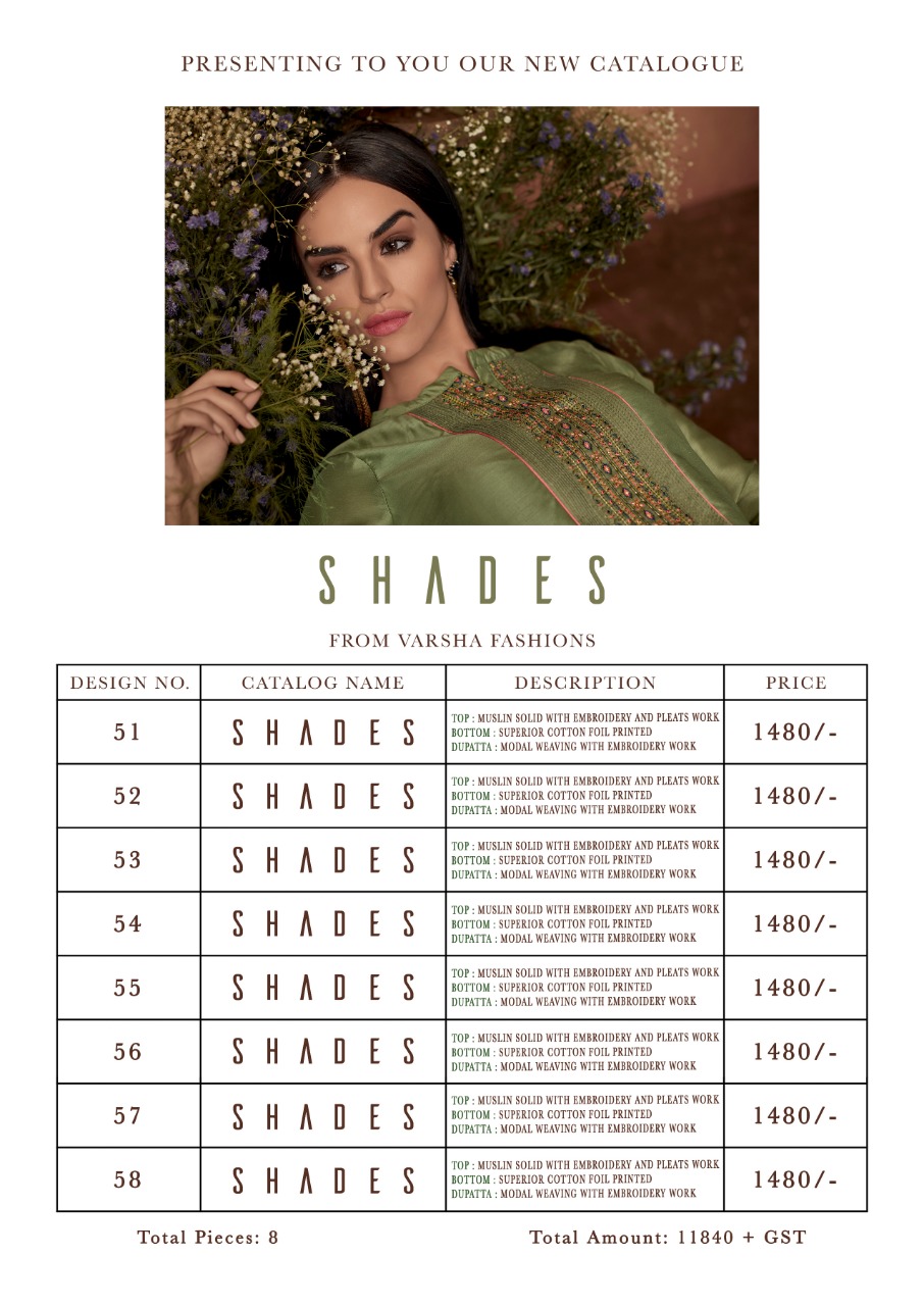 Shades By Varsha Fashions 51 To 58 Series Beautiful Suits Collection Colorful Stylish Fancy Casual Wear & Ethnic Wear Cmuslin Solid With Embroidered Dresses At Wholesale Price